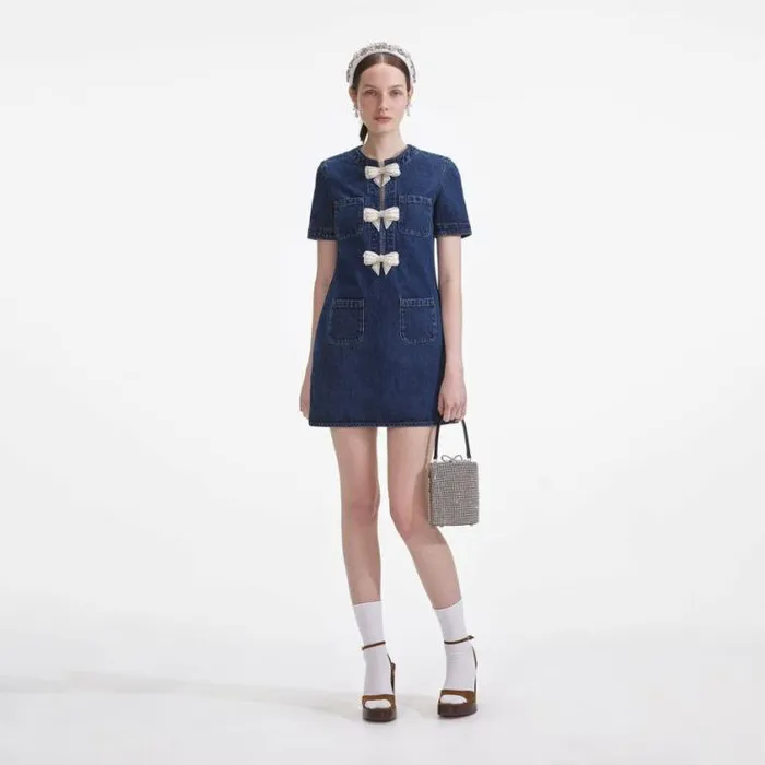Self Portrait Denim Denim Bow Mini Dress 8211 Women