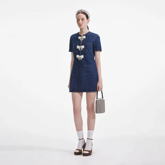 Self Portrait Denim Denim Bow Mini Dress 8211 Women