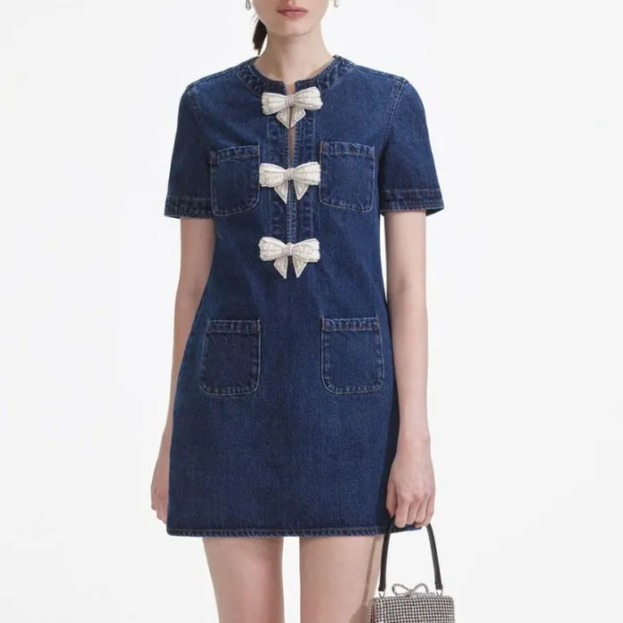 Self Portrait Denim Denim Bow Mini Dress 8211 Women