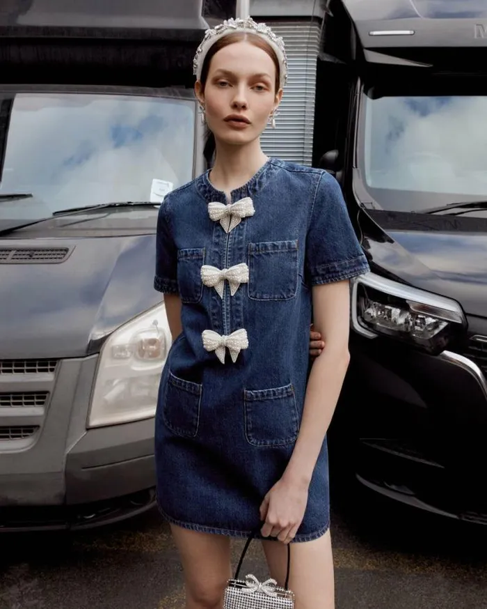 Self Portrait Denim Denim Bow Mini Dress 8211 Women