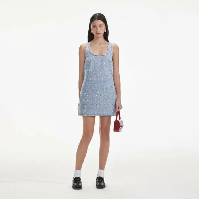 Self Portrait Denim Square Rhinestone Denim Mini Dress 8211 Women