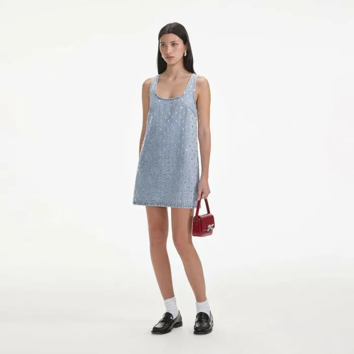 Self Portrait Denim Square Rhinestone Denim Mini Dress 8211 Women