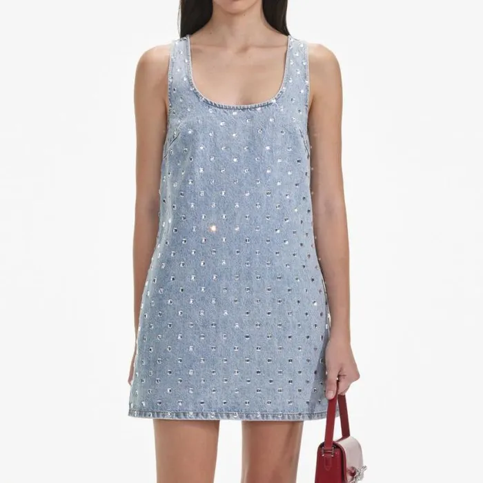 Self Portrait Denim Square Rhinestone Denim Mini Dress 8211 Women