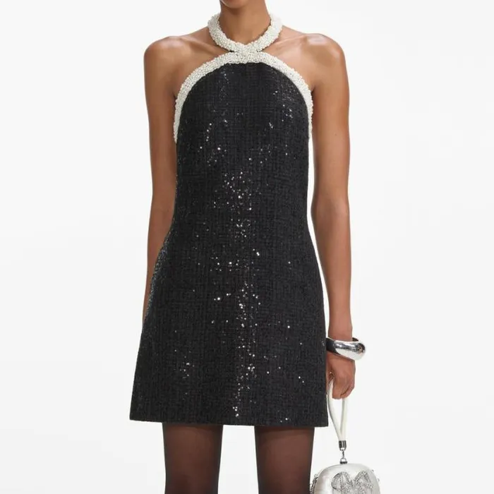 Self Portrait Dresses Black Boucle Pearl Trim Mini Dress 8211 Women