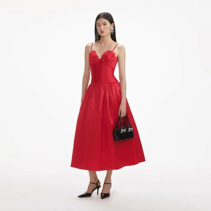 Self Portrait Dresses Red Taffeta Midi Dress 8211 Women