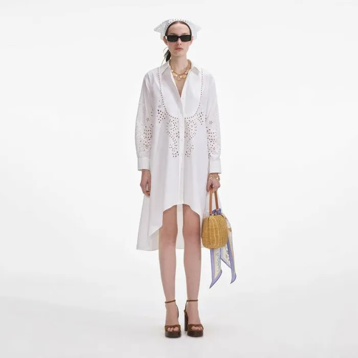 Self Portrait Dresses White Cotton Embroidered Shirt Dress 8211 Women