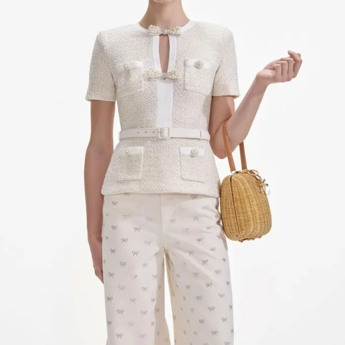 Self Portrait Exclusives Cream Sequin Knit Top 8211 Women