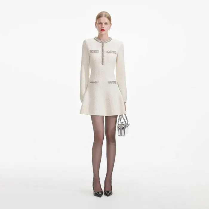 Self Portrait Exclusives Cream Textured Knit Embellished Mini Dress 8211 Women
