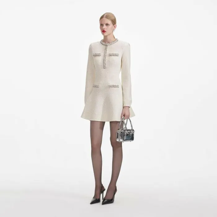 Self Portrait Exclusives Cream Textured Knit Embellished Mini Dress 8211 Women