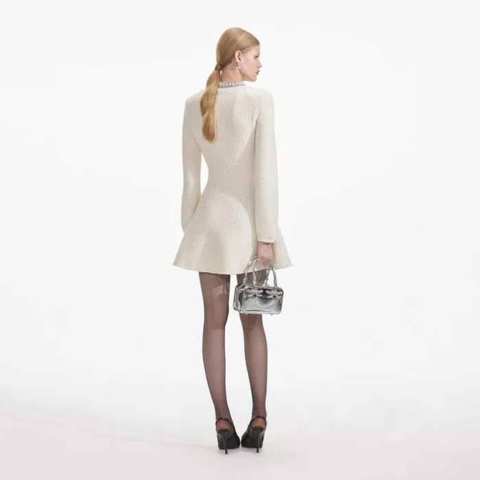 Self Portrait Exclusives Cream Textured Knit Embellished Mini Dress 8211 Women