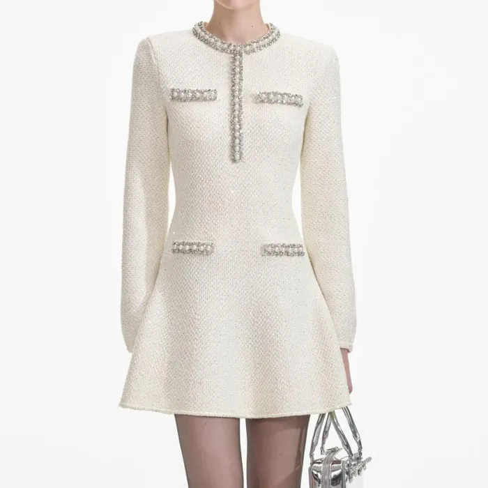 Self Portrait Exclusives Cream Textured Knit Embellished Mini Dress 8211 Women