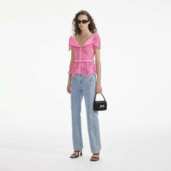Self Portrait Exclusives Pink Lace Open Neck Top 8211 Women