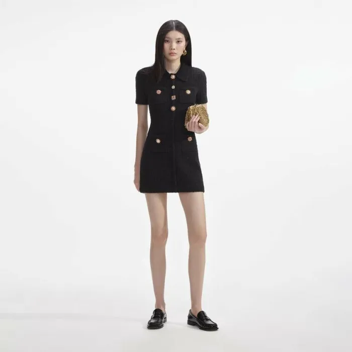 Self Portrait Knitwear Black Jewel Button Knit Mini Dress 8211 Women