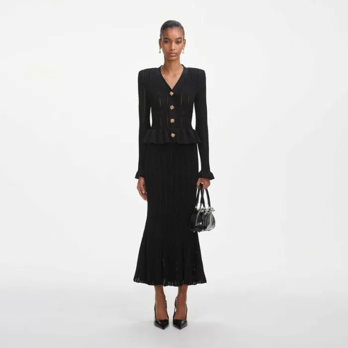 Self Portrait Knitwear Black Knit Peplum Midi Dress 8211 Women