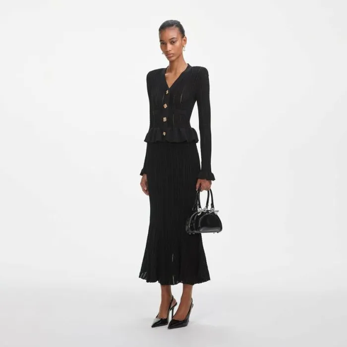 Self Portrait Knitwear Black Knit Peplum Midi Dress 8211 Women