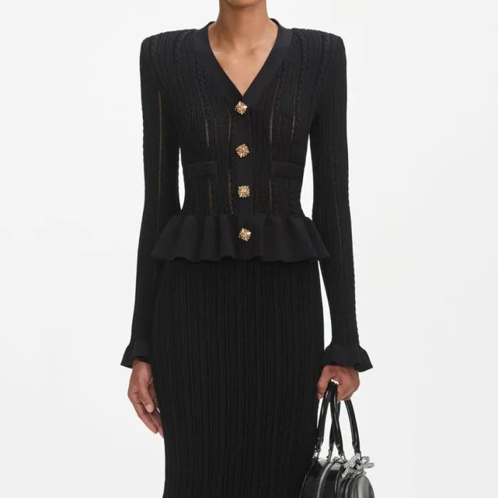 Self Portrait Knitwear Black Knit Peplum Midi Dress 8211 Women