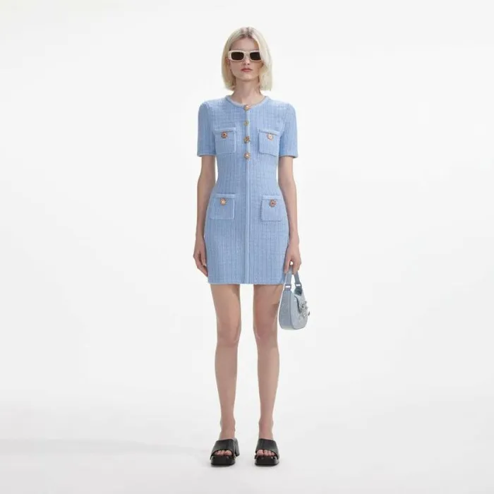 Self Portrait Knitwear Blue Jewel Button Knit Mini Dress 8211 Women