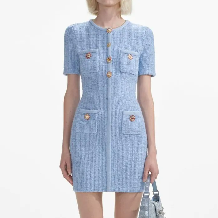 Self Portrait Knitwear Blue Jewel Button Knit Mini Dress 8211 Women