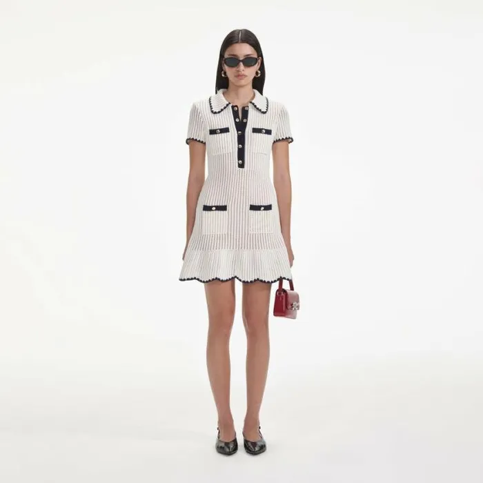 Self Portrait Knitwear Cream Crochet Collared Mini Dress 8211 Women