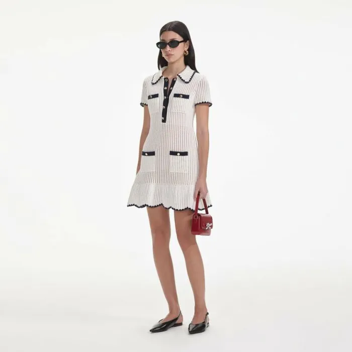 Self Portrait Knitwear Cream Crochet Collared Mini Dress 8211 Women