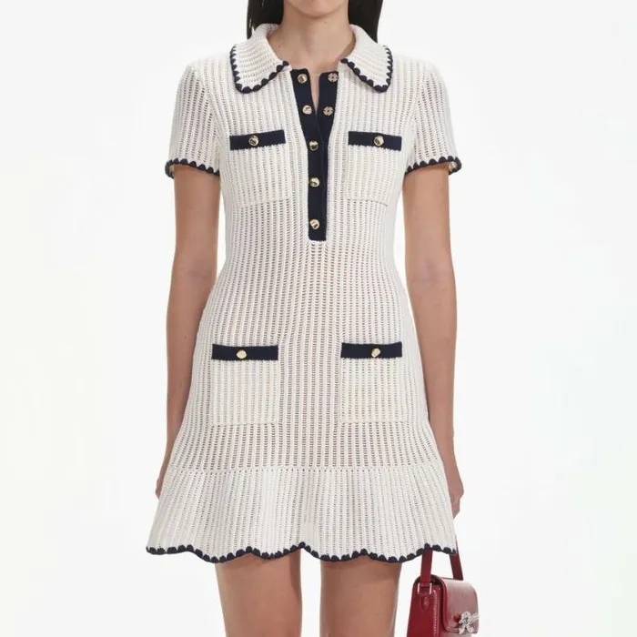 Self Portrait Knitwear Cream Crochet Collared Mini Dress 8211 Women