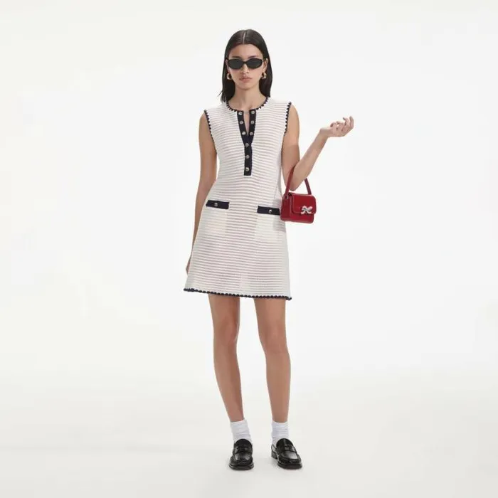 Self Portrait Knitwear Cream Crochet Contrast Trim Mini Dress 8211 Women