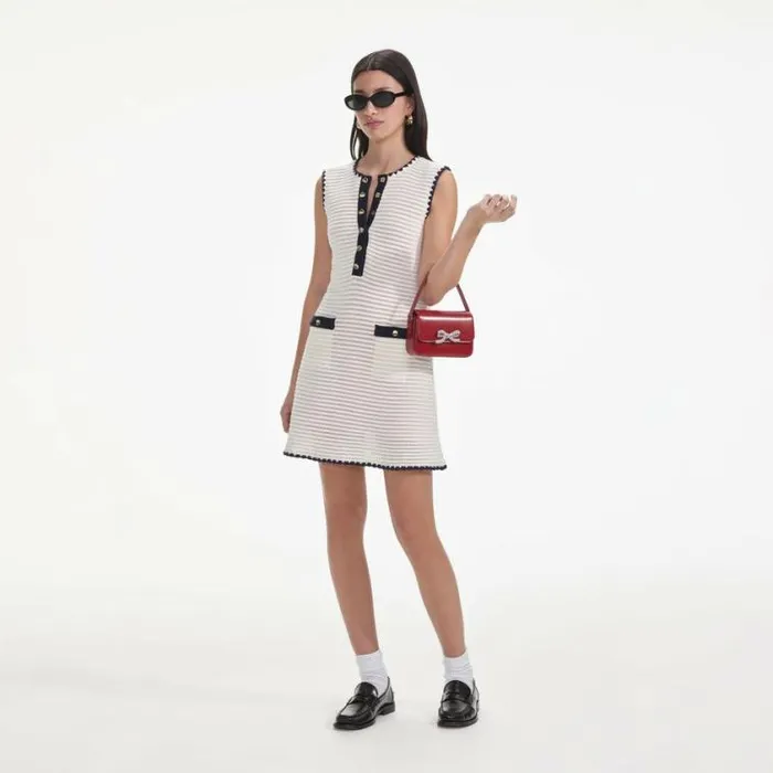 Self Portrait Knitwear Cream Crochet Contrast Trim Mini Dress 8211 Women