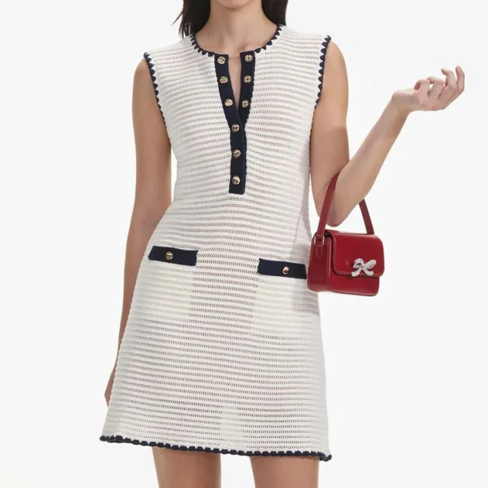 Self Portrait Knitwear Cream Crochet Contrast Trim Mini Dress 8211 Women