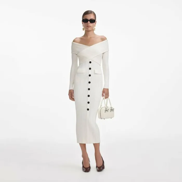 Self Portrait Knitwear Cream Off Shoulder Knit Midi Dress 8211 Women
