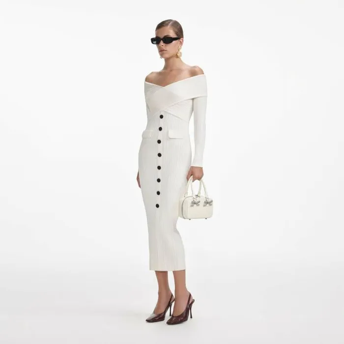 Self Portrait Knitwear Cream Off Shoulder Knit Midi Dress 8211 Women