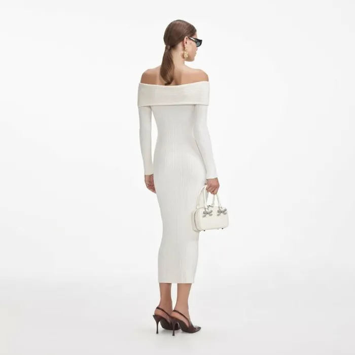 Self Portrait Knitwear Cream Off Shoulder Knit Midi Dress 8211 Women