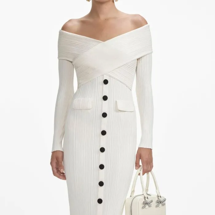 Self Portrait Knitwear Cream Off Shoulder Knit Midi Dress 8211 Women