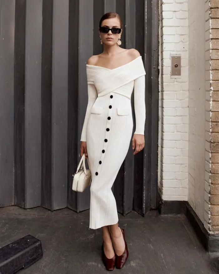 Self Portrait Knitwear Cream Off Shoulder Knit Midi Dress 8211 Women