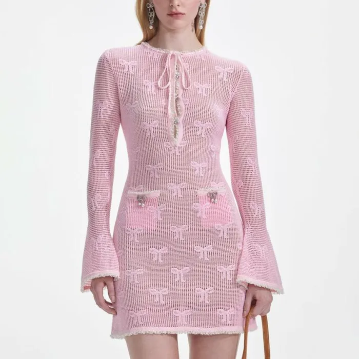 Self Portrait Knitwear Pink Bow Crochet Mini Dress 8211 Women
