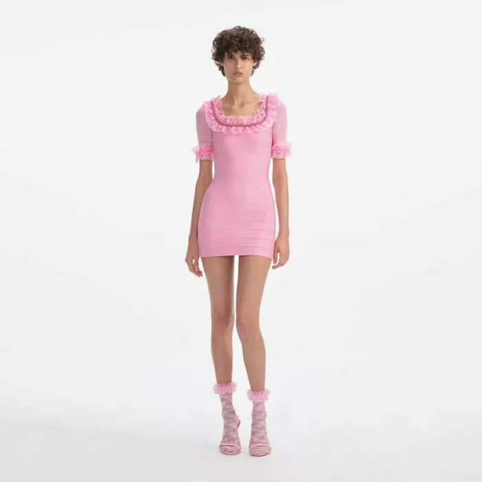 Self Portrait Knitwear Pink Ruffle Knit Mini Dress 8211 Women