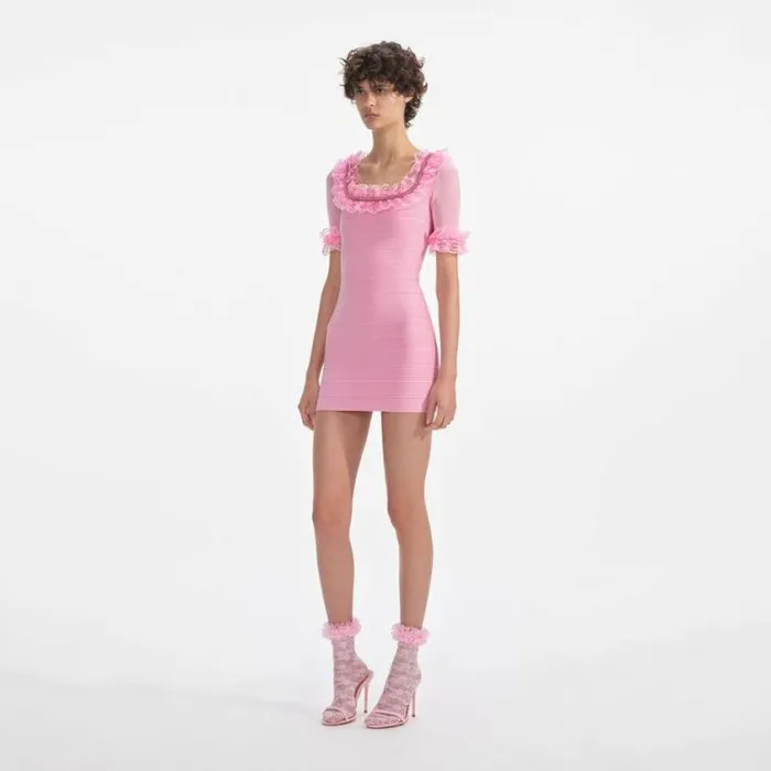 Self Portrait Knitwear Pink Ruffle Knit Mini Dress 8211 Women