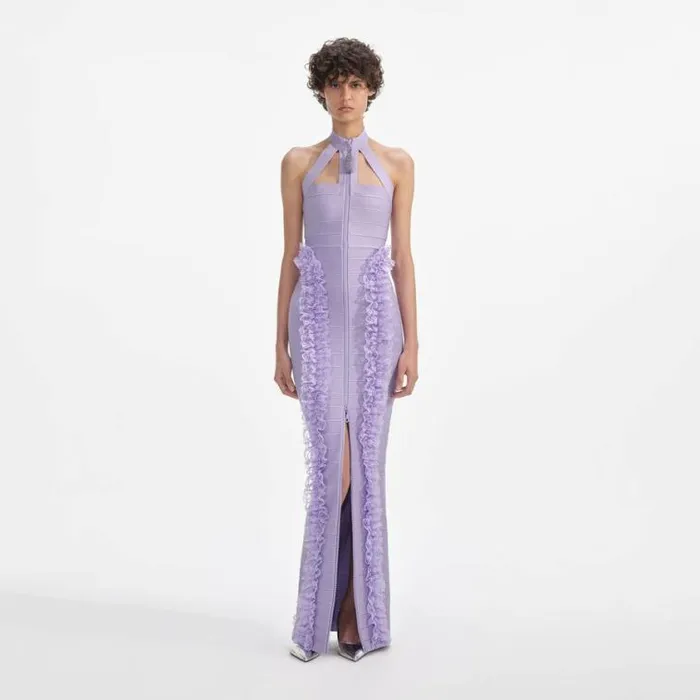 Self Portrait Knitwear Purple Knit Zip Ruffle Maxi Dress 8211 Women