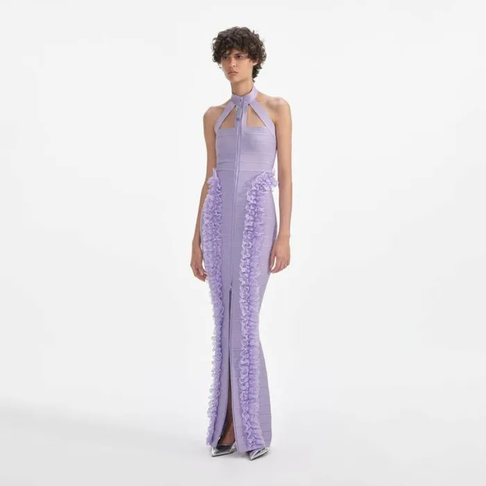 Self Portrait Knitwear Purple Knit Zip Ruffle Maxi Dress 8211 Women