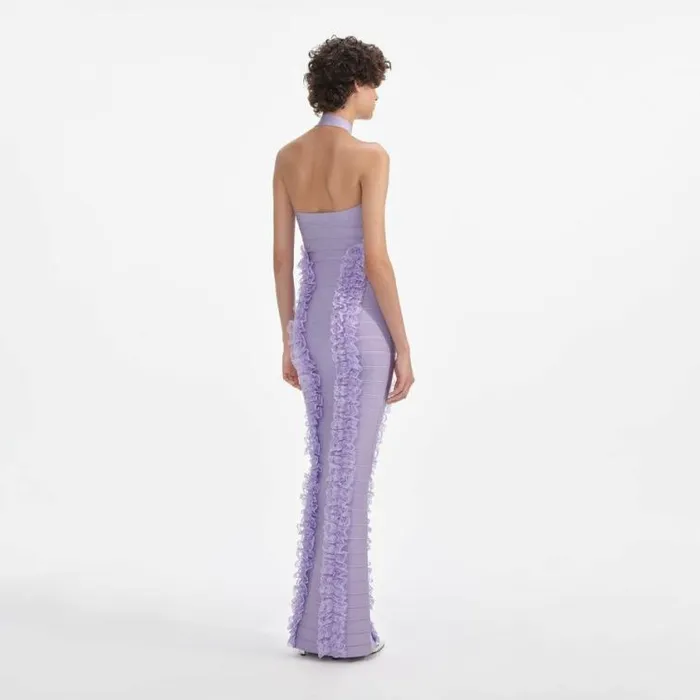 Self Portrait Knitwear Purple Knit Zip Ruffle Maxi Dress 8211 Women