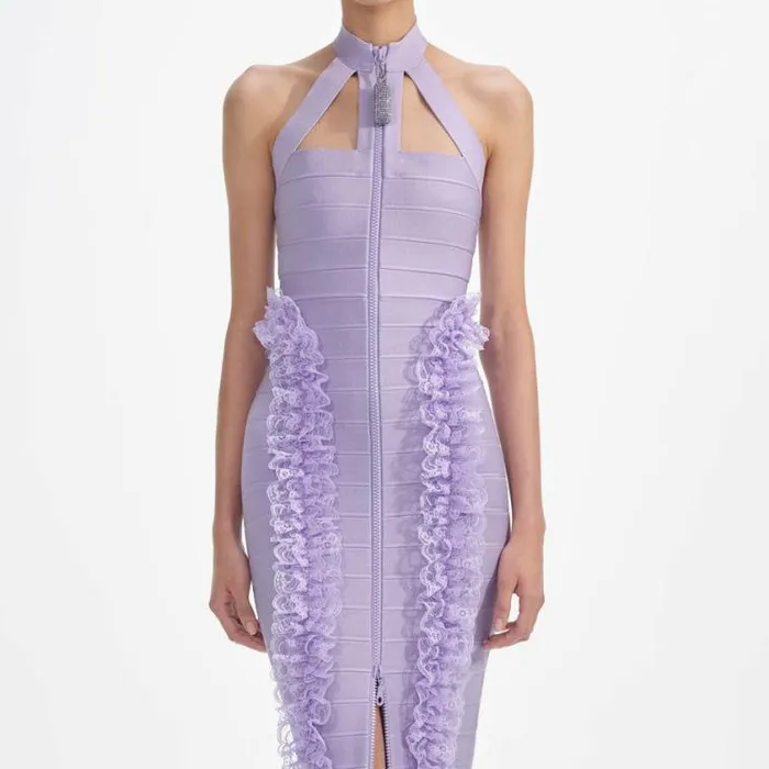 Self Portrait Knitwear Purple Knit Zip Ruffle Maxi Dress 8211 Women