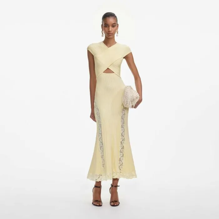 Self Portrait Knitwear Yellow Knit Lace Insert Midi Dress 8211 Women