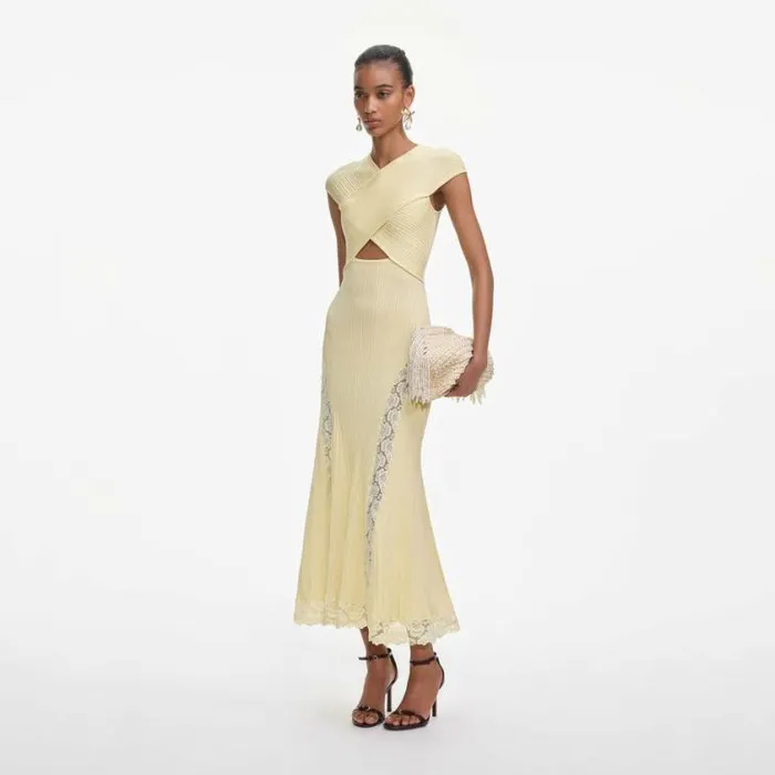 Self Portrait Knitwear Yellow Knit Lace Insert Midi Dress 8211 Women