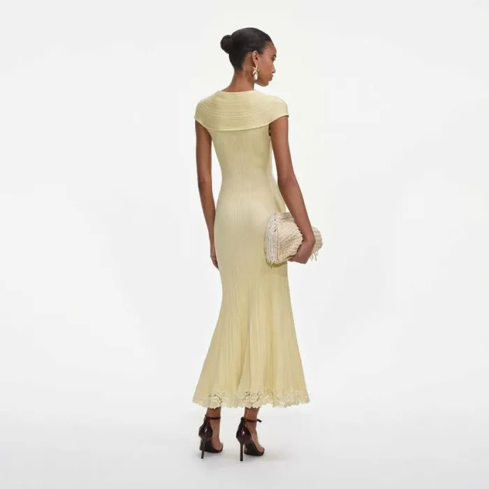 Self Portrait Knitwear Yellow Knit Lace Insert Midi Dress 8211 Women