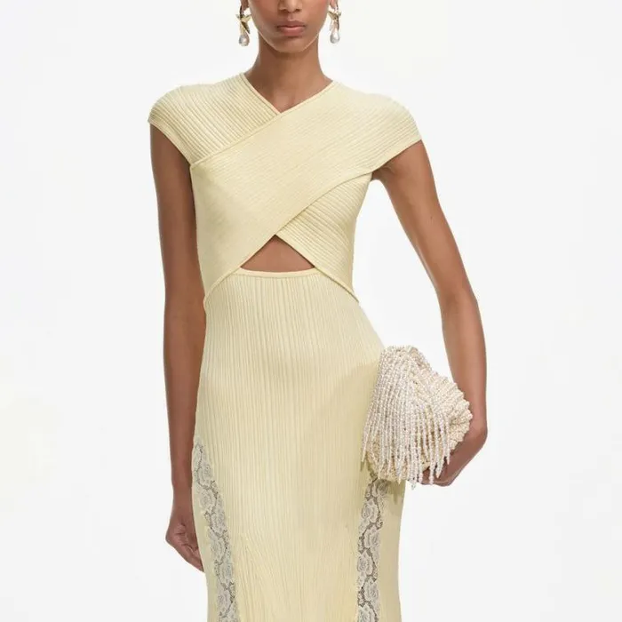 Self Portrait Knitwear Yellow Knit Lace Insert Midi Dress 8211 Women
