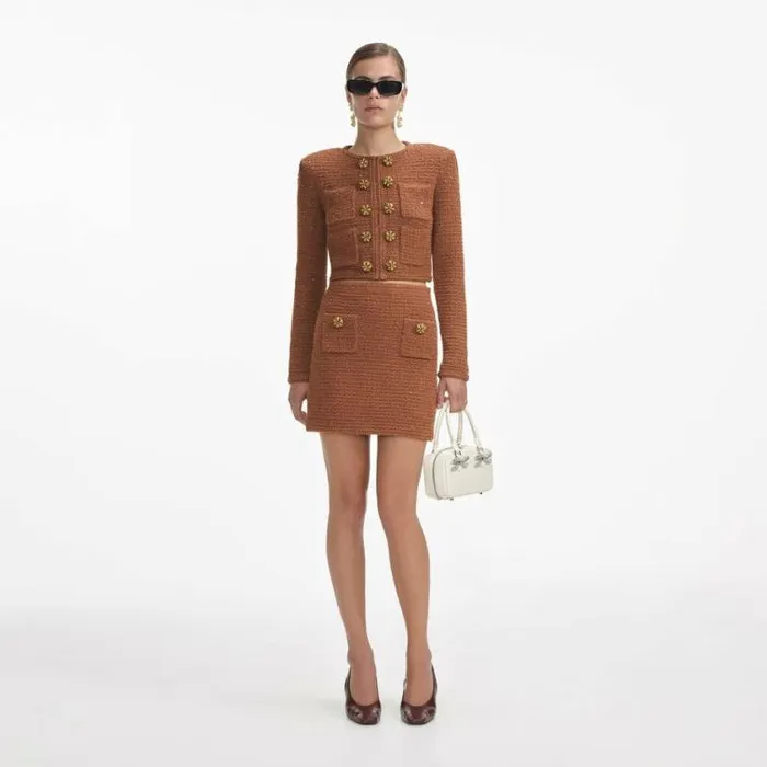 Self Portrait Outerwear Brown Textured Knit Jacket 8211 Women
