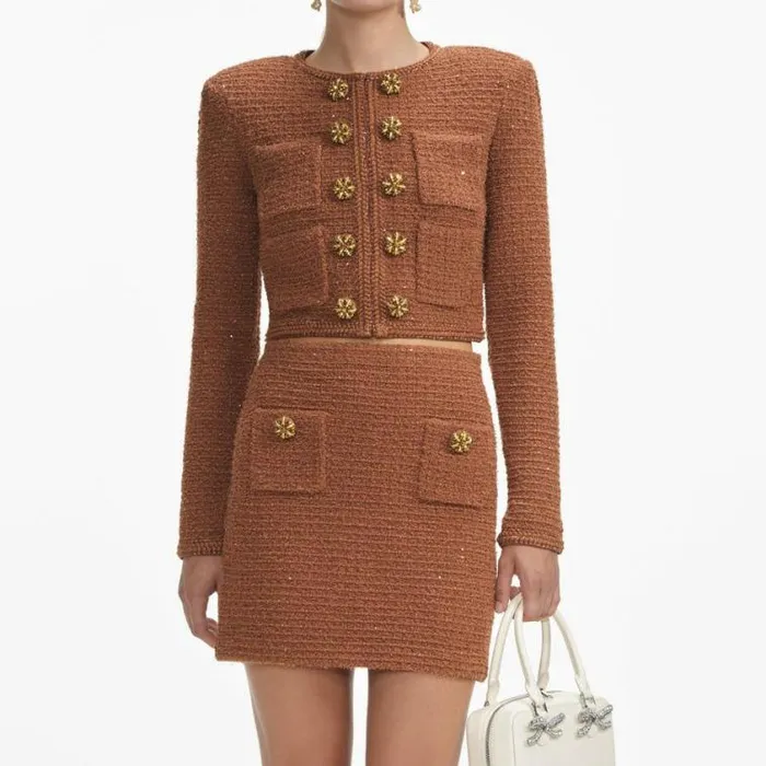 Self Portrait Outerwear Brown Textured Knit Jacket 8211 Women