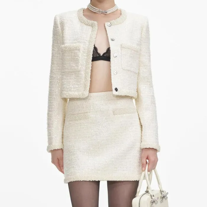 Self Portrait Outerwear Cream Boucle Pearl Trim Jacket 8211 Women