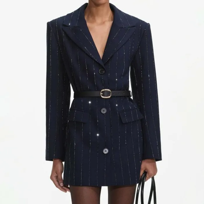 Self Portrait Outerwear Navy Rhinestone Pinstripe Blazer 8211 Women