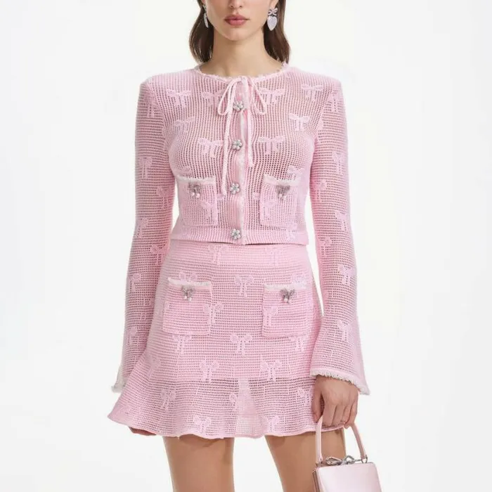 Self Portrait Outerwear Pink Bow Crochet Cardigan 8211 Women