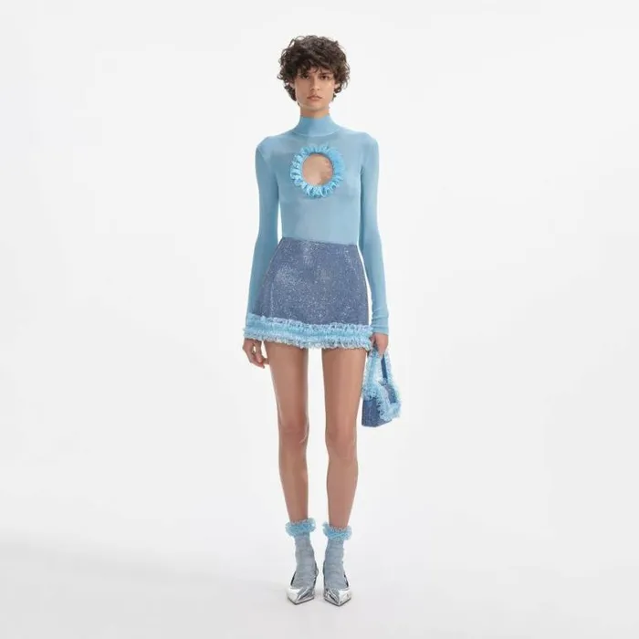 Self Portrait Tops Blue Knit Cut Out Bodysuit 8211 Women